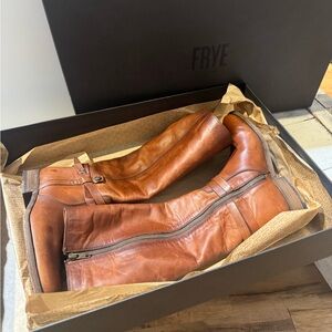 FRYE Cognac Leather Mid-Calf Zip Riding Boots